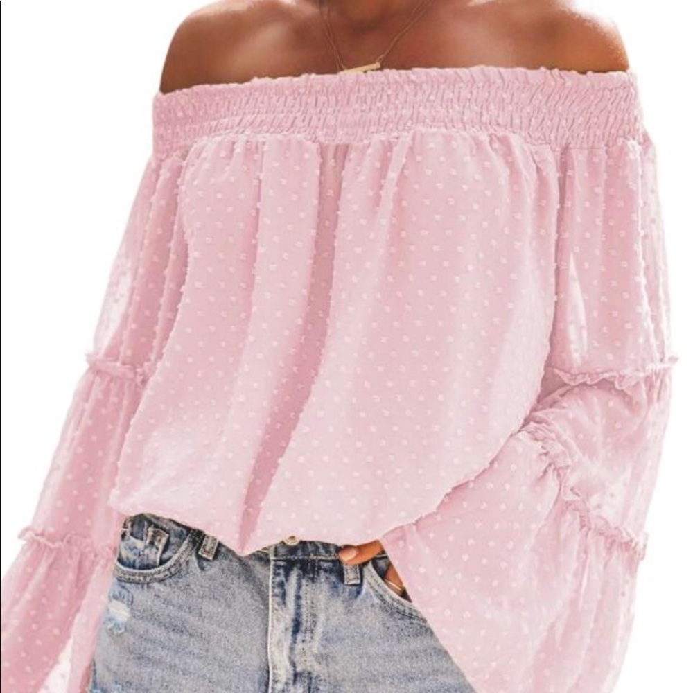 Pink Swiss Dot Off The Shoulder Top